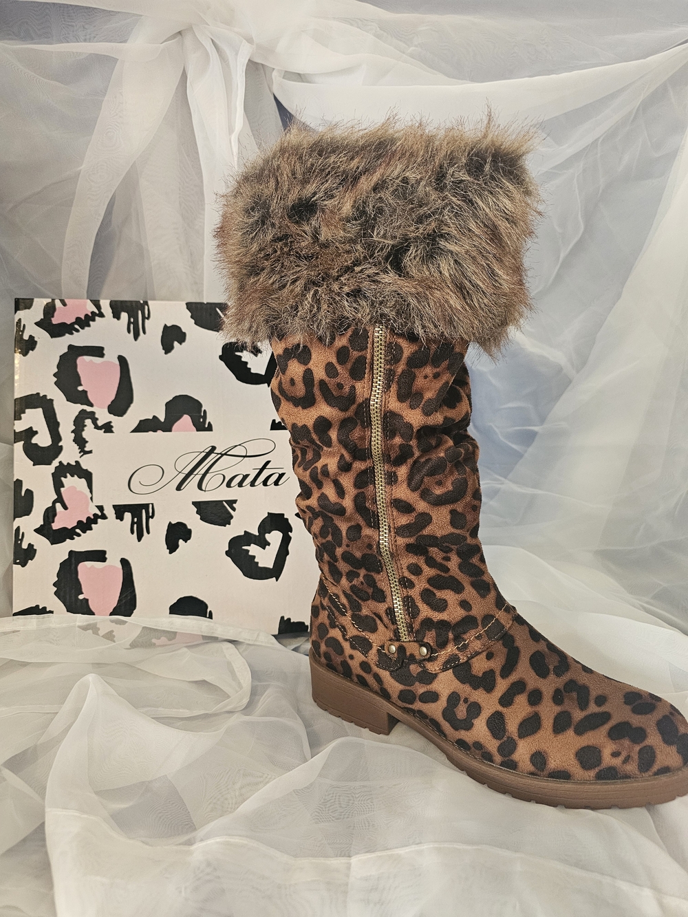 Mata Leopard Print Faux-Fur Trim Heeled Boots - Brown - Picture 2 of 3